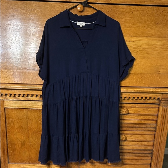 Umgee Full Size Raw Hem Folded Sleeve Tiered Linen Blend Flowy Babydoll Dress - Picture 2 of 11